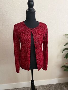 Ann Taylor Red Leopard-Print Button Cardigan